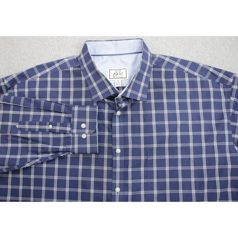 Jos A Bank 1905 Shirt Mens Size 2X Blue Check Cotton Blend Button-Up Stretch